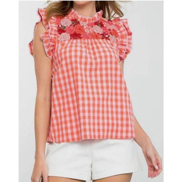 THML Womens Gingham Print Embroidered Tank Blouse Size M - Picture 1 of 7